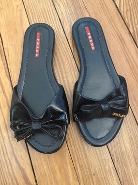 Prada Black Patent Bow Slide Mules